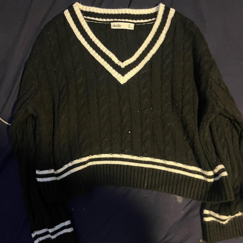 Elodie Black and White Cable Knit V-Neck Sweater